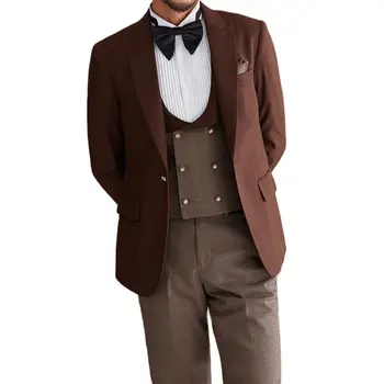 Британски стил червеникавокафяв връх ревера един бутон нетактичност с карирана жилетка и панталони 3 бр Бизнес официални тънки годни мъже костюми