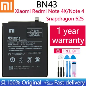 100% Оригинална батерия BN43 4000mAh За Xiaomi Redmi Note 4X / Note 4 глобална батерия Snapdragon 625 Висококачествена BN43