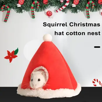 Коледно гнездо за домашни любимци Дядо Коледа шапка дизайн голямо пространство полузатворено удебелено уютно топло хамстер къща