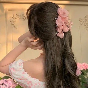 Южна Корея розови цветя вземете клип дами лято елегантен перла конска опашка плитка нокът клип акула клип шапка аксесоари за коса