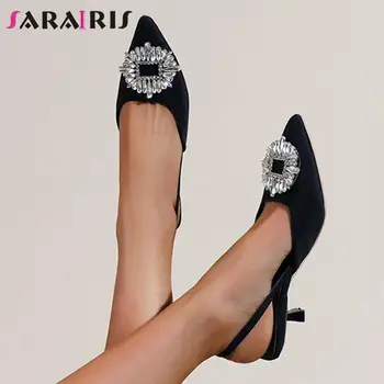 Brand Designer Класически офис Ladeis сандали заострени пръсти мед токчета приплъзване на квадратен кристал елегантен женски летни дамски обувки