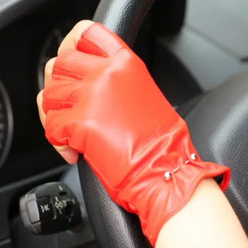 Нови дамски ръкавици с половин пръст от естествена кожа Модни висококачествени метални аксесоари Внесени женски ръкавици от овча кожа EL092NN
