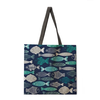 Ocean Fish печат голяма пазарска чанта дами случайни рамо сгъваема пазаруване плаж 