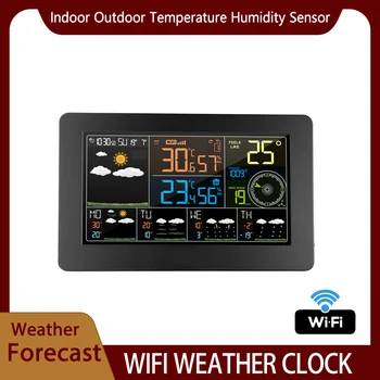 WIFI LCD Цифрова аларма Стенен часовник Вътрешна външна температура Сензор за влажност Метеорологична станция Налягане Вятър Прогноза за времето