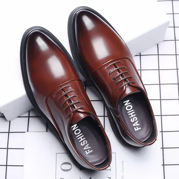 Мъжки обувки Ежедневни кожени мъжки дерби обувки черна дантела нагоре плоски с британски стил посочи бизнес официален офис мъжки обувки