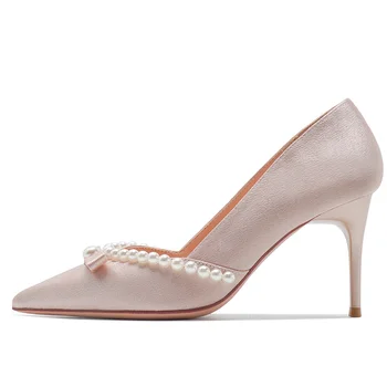 Лятна сватба дамски сандали заострени пръсти тънки токчета перла декоративни приплъзванеПлътен цвят женски обувки гъвкави дамски обувки