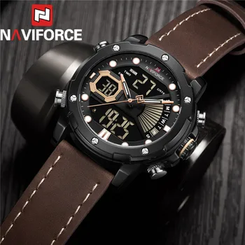 NAVIFORCE класически мъжки часовник цифров спорт топ марка луксозен човек ръчен часовник военна естествена кожа LED кварцов мъжки часовник 9172