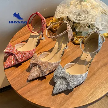 Декорация на лък Жени Лято 2023 Високи токчета кристал луксозни сандали дама блясък сандали банкет дамски обувки