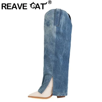 REAVE CAT Нова мода тръба коляното високи ботуши заострени пръсти клин блок петата деним цип плюс размер 34-43 синьо пачуърк зимата S2654