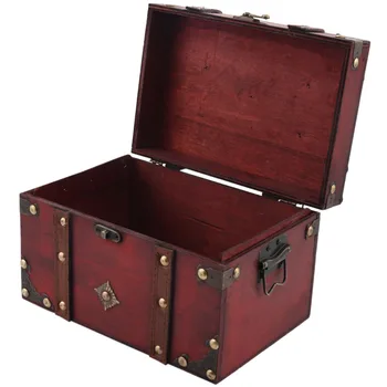 Ретро съкровище сандък реколта дървена кутия за съхранение античен стил бижута организатор за бижута кутия дрънкулка кутия голям