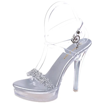 Дебела подметка стилет случайни сватбен банкет лятна мода нов заострен пръст Модни сандали 2022 кристал водоустойчив