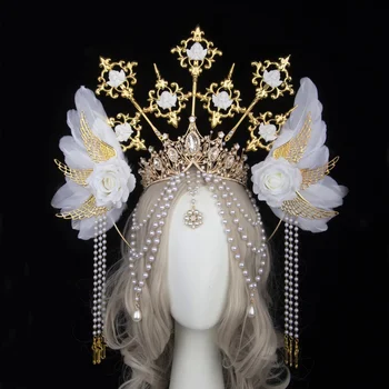 Lolita Sun Halo Crown Headpiece пискюл мъниста верига ангел крила роза шипове лента за глава готически реколта Мери бароков диадема