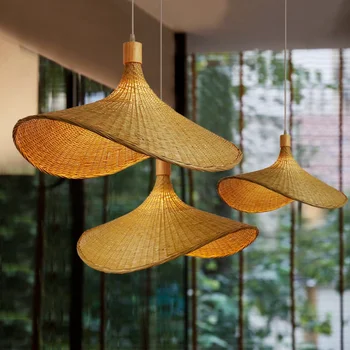 Нов китайски бамбуков полилей Чайна Ратан изкуство висяща лампа японски лампи сламена шапка лампа стълбище бамбук висулка лампа E27