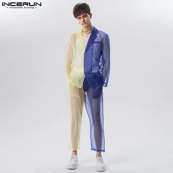 INCERUN 2023 Американски стил Мъжка мода комплекти Окото контраст цвят пачуърк върховете панталони случайни горещи продажба две части комплекти S-5XL