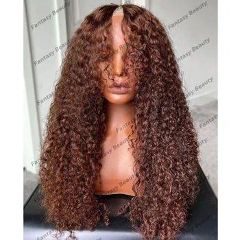 Glueless Remy 100% човешка коса 1x4 V част перуки за черни жени 200Плътност карамел кафяв естествен извратен къдрава отваряне V част перука