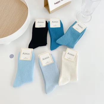Дамски чорапи памук Sox женски пролет лято сини ивици чорапи колеж японски стил студенти чорапи тънък плътен цвят Mujer