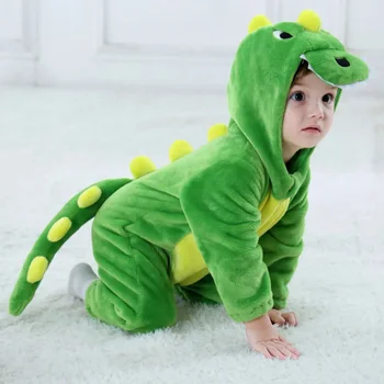бебе динозавър Kigurumi зелен карикатура животински костюм бебе малко дете дете боди гащеризон Onesie фланела удобни аниме