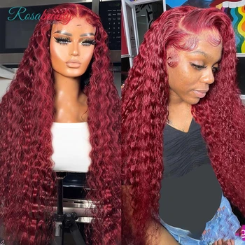 99J Бургундска прозрачна дълбока вълна дантела фронтална перука 13x4 червен цвят бразилски Remy T част перука къдрава човешка коса перуки за жени