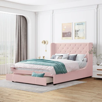 Тапицирано легло 140 х 200 см, двойно легло с подматрачна рамка, облегалка и големи чекмеджета, ленен плат, розов