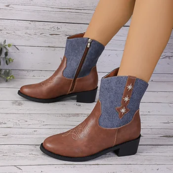 New 2023 Fall Western Cowboy Boots Fashion Elegant Women's Ankle Boots Walking Comfort Stitching Chelsea Platform Shoes